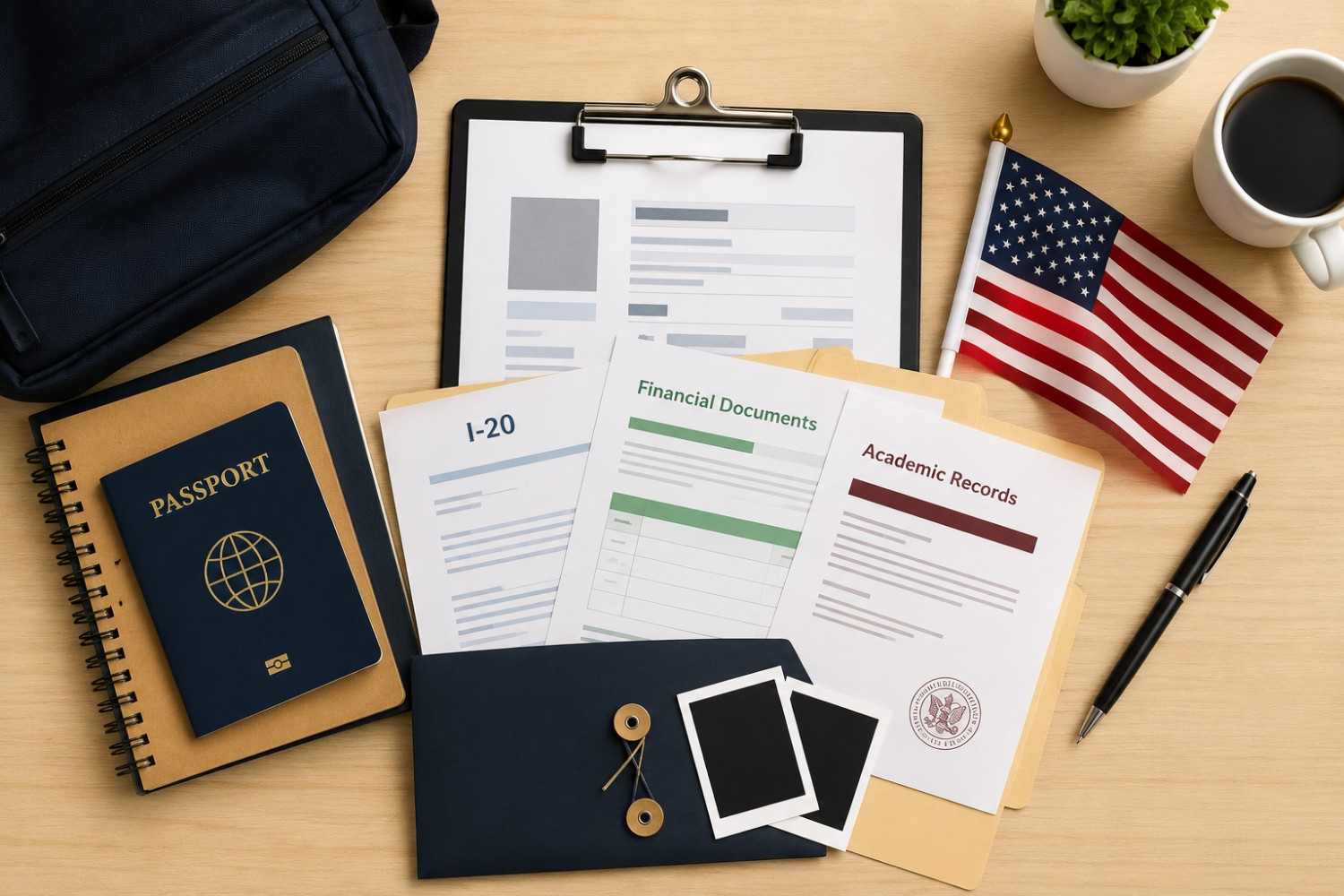 F1 visa documents for MBA in USA including passport, Form I-20, financial records, academic documents and U.S. study application materials.